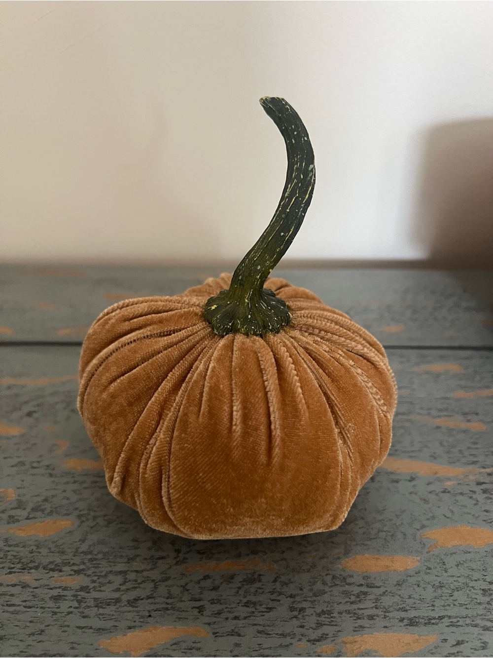 Velvet Decorative Pumpkin in Rust with Curved Green Stem